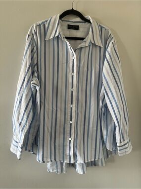 Lane Bryant White Blue Striped Button Down Shirt 22 / 24 Coastal Preppy Capsule